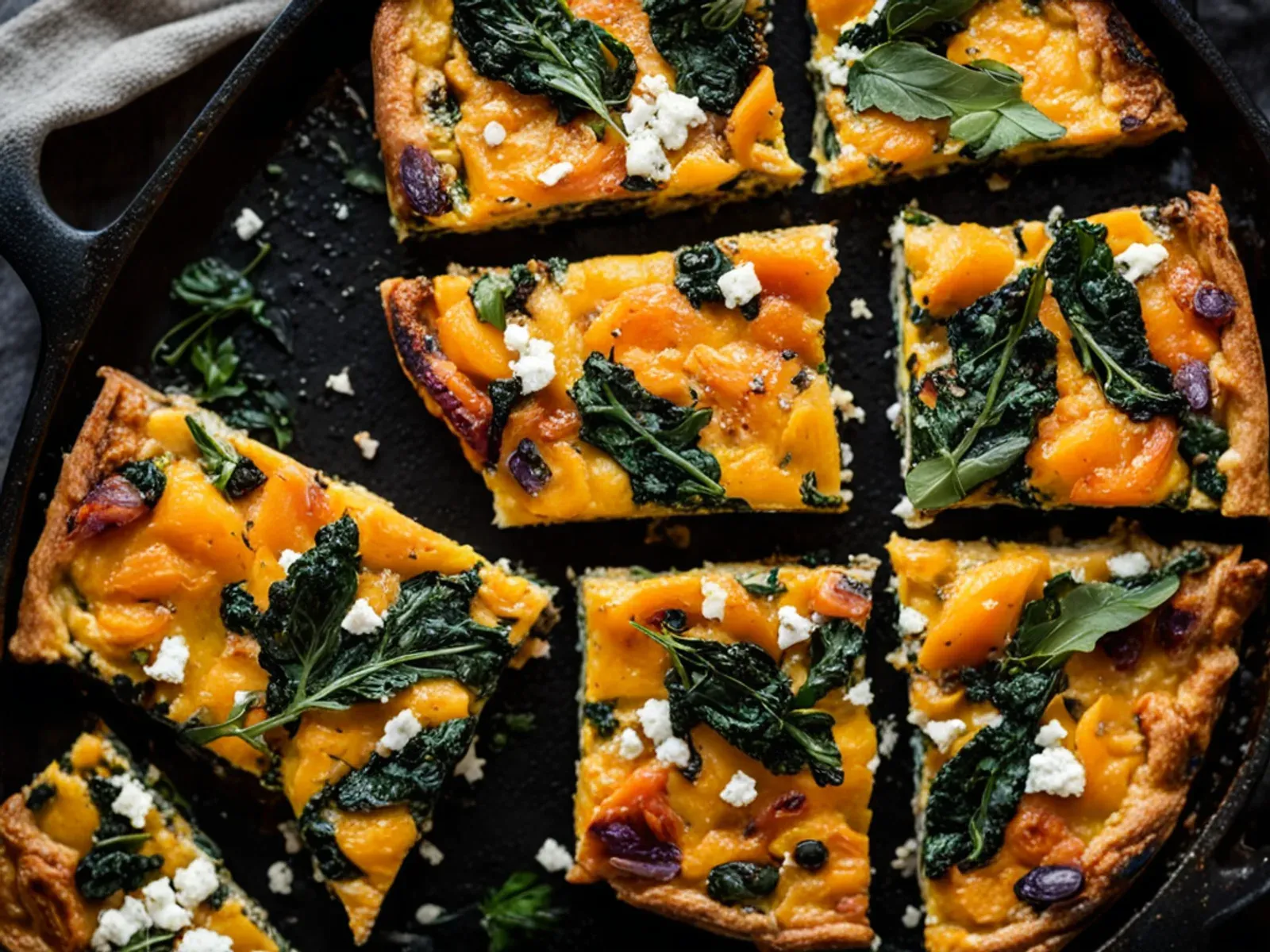 Roasted Butternut Squash Frittata with Kale, Feta and Sage — A butternut squash frittata with roasted squash cubes, garlicky kale, salty feta and crispy fried sage, baked in one sk