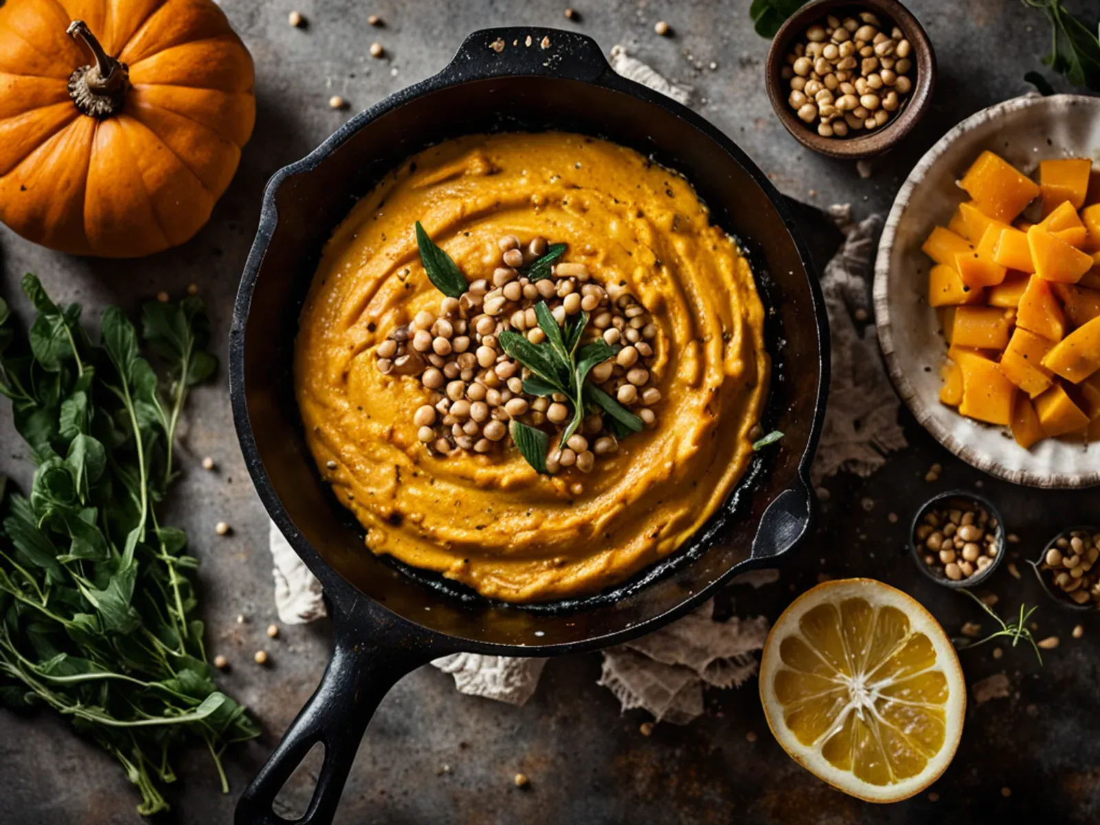 Roasted Butternut Squash Hummus with Sage and Toasted Pumpkin Seeds — Butternut squash hummus made with caramelized squash, roasted garlic and tahini, finished with crisp fried sag
