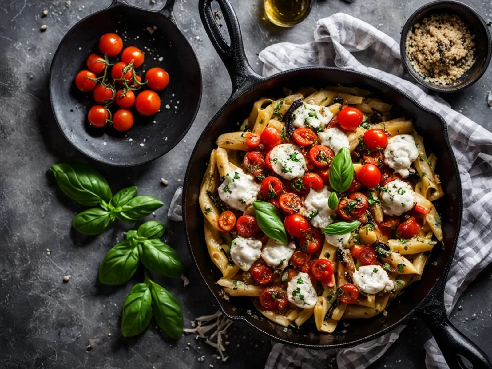 Roasted Eggplant and Ricotta Pasta with Cherry Tomatoes and Basil — Eggplant and cherry tomatoes roast until caramelized, then get tossed with rigatoni and a lemony whipped ricotta