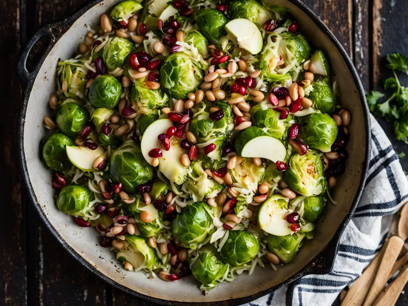 Shaved Brussels Sprouts Salad with Apple, Pomegranate, White Beans and Maple Dijon — A crisp shaved Brussels sprouts salad with tart apple, pomegranate, creamy white beans and toas
