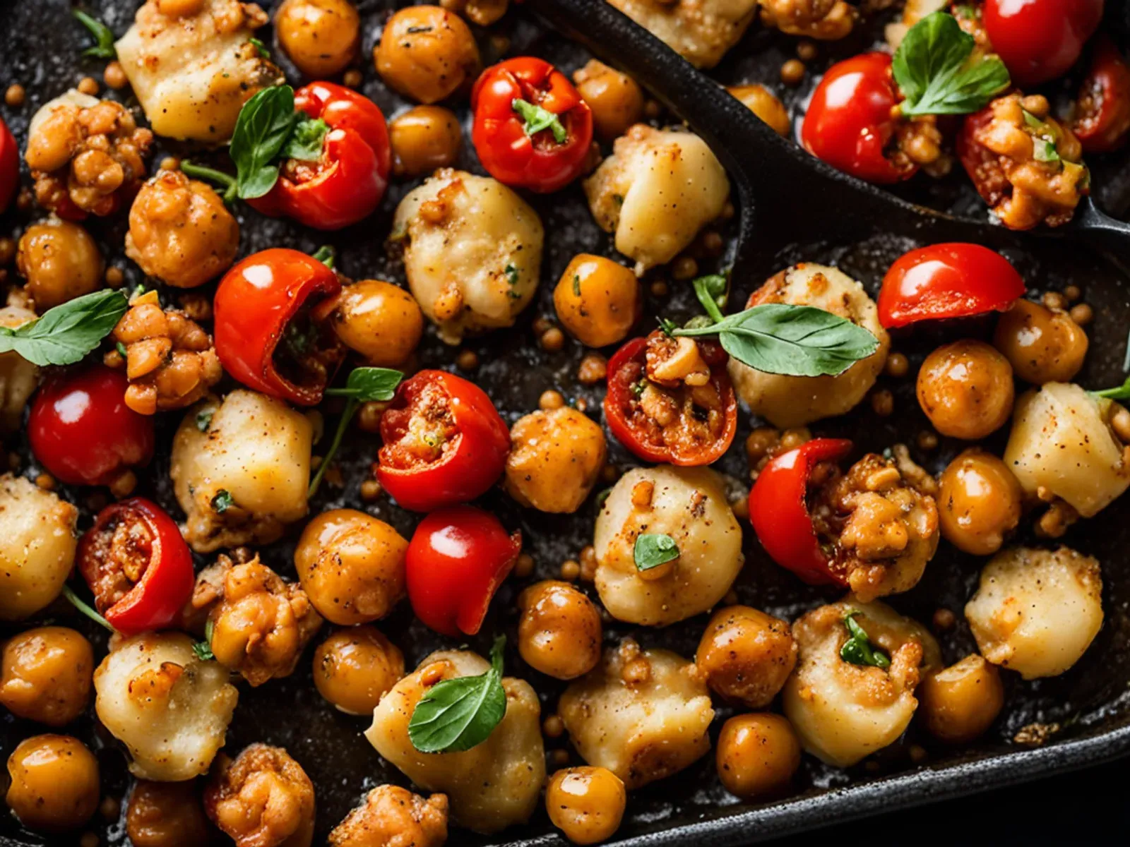 High Protein Sheet Pan Gnocchi with Crispy Chickpeas, Peppers and Almond Romesco — Gnocchi, chickpeas, peppers and tomatoes roast on one pan, then half the vegetables blend with to