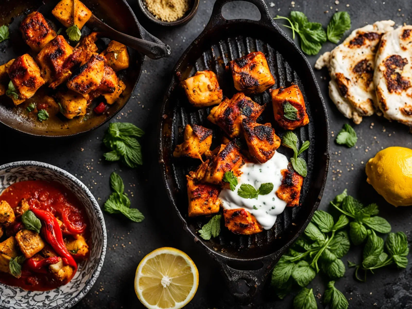 Sheet Pan Paneer Tikka with Cauliflower, Peppers and Mint Yogurt — A vegetarian sheet pan dinner of spiced yogurt-marinated paneer, roasted cauliflower, peppers and red onion, fini