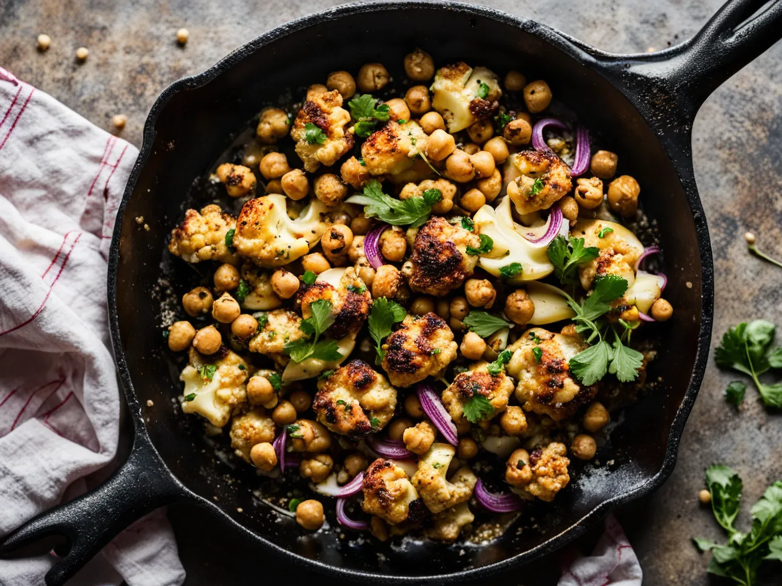 Sheet Pan Roasted Cauliflower and Chickpeas with Cumin, Apples and Lemon Tahini — Roasted cauliflower and chickpeas with cumin, coriander, red onion and sweet apple wedges, finishe