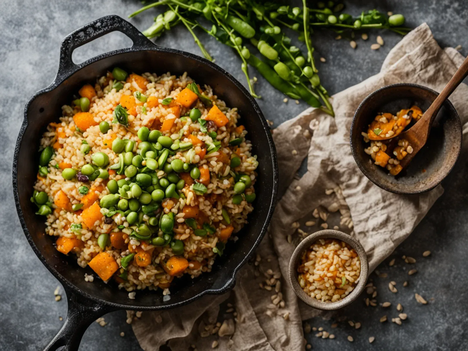 Sheet Pan Vegan Fried Rice with Butternut Squash, Edamame and Crispy Garlic — Hands-off sheet pan vegan fried rice: roasted butternut squash, edamame and bell pepper baked with bro