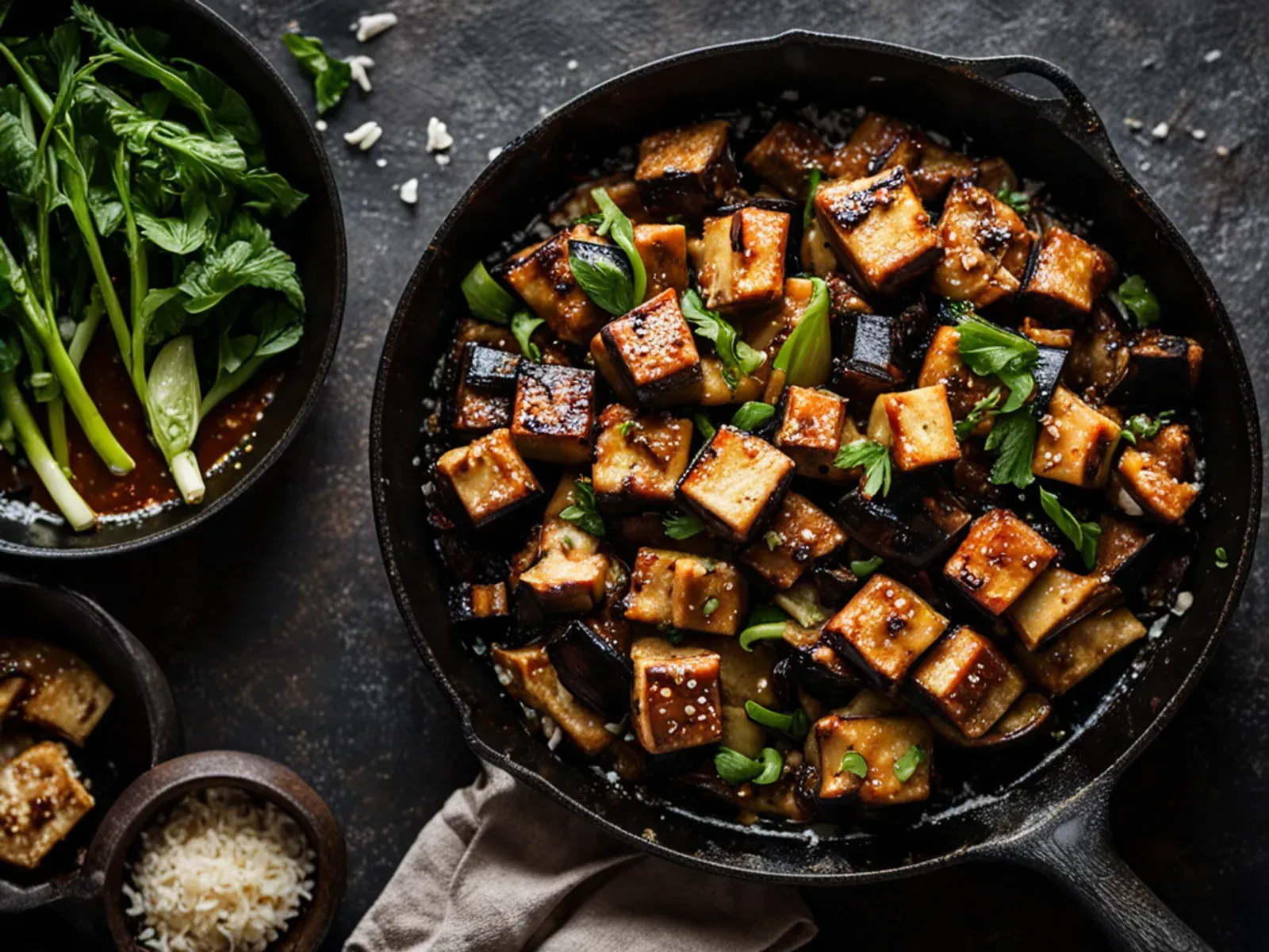 Spicy Garlic Eggplant and Tofu Stir-Fry — Crisp cornstarch-coated tofu and silky pan-steamed eggplant in a Sichuan-style spicy garlic sauce. Ready in under 30 minutes and best over