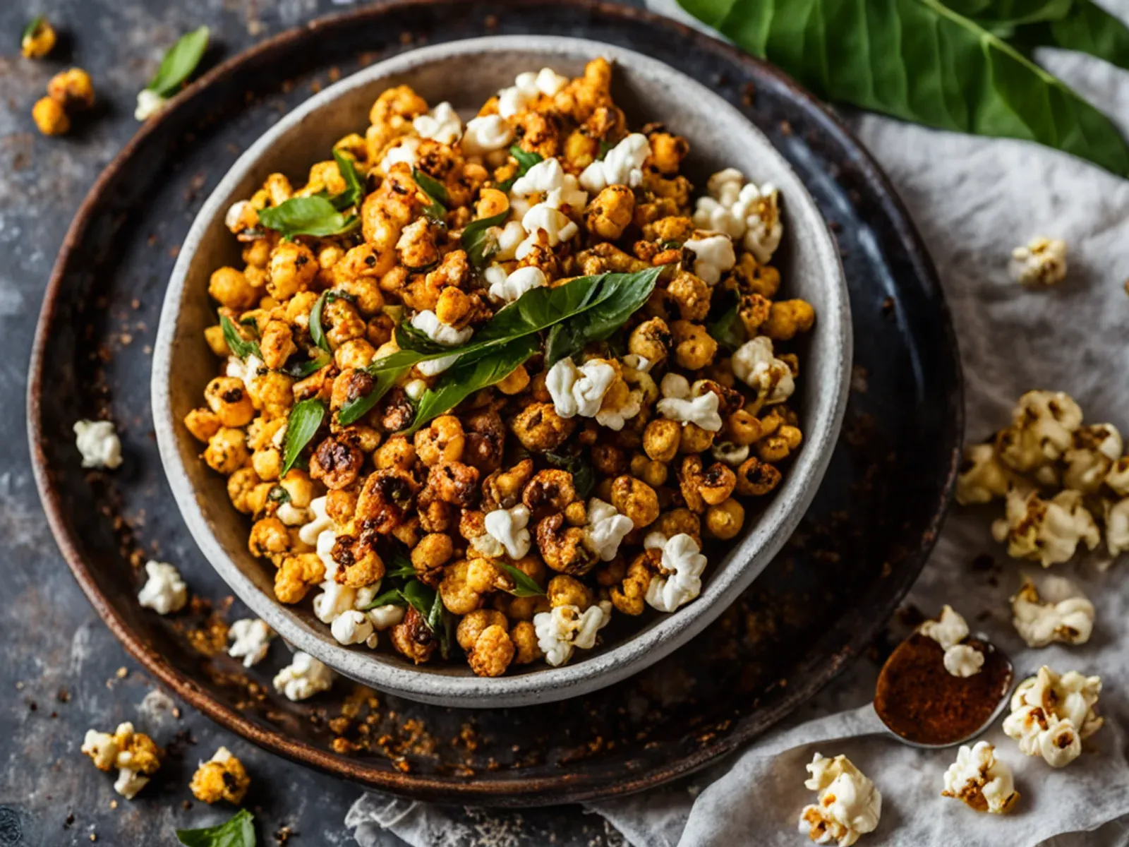 Stovetop Masala Popcorn with Crispy Curry Leaves and Chaat Masala — Masala popcorn popped in coconut oil with turmeric, then tossed with Kashmiri chili, tangy chaat masala, cumin a