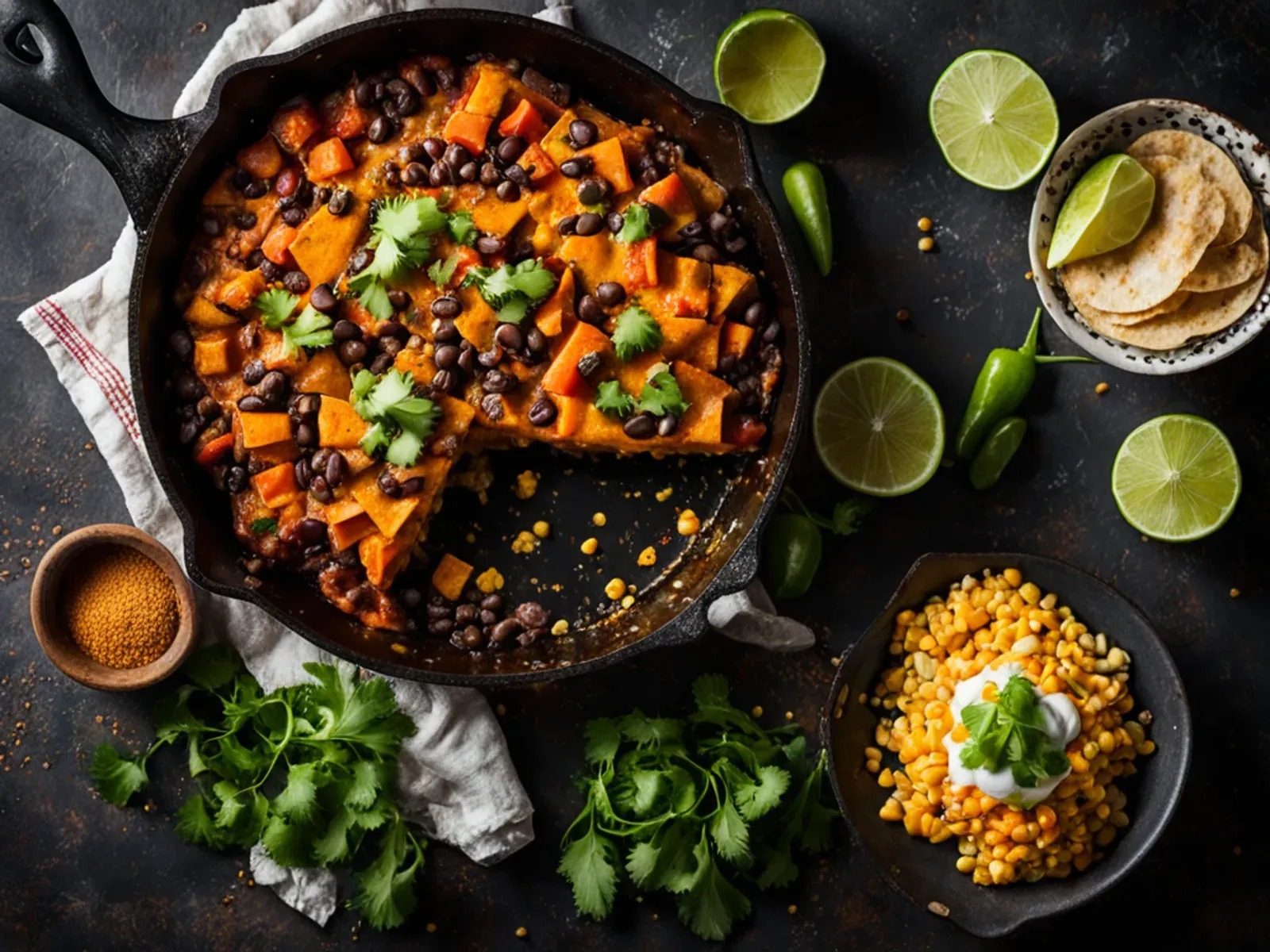 One-Pan Sweet Potato and Black Bean Enchilada Skillet with Corn Tortillas — A one-pan sweet potato black bean skillet with a quick chili-tomato enchilada sauce and torn corn tortil