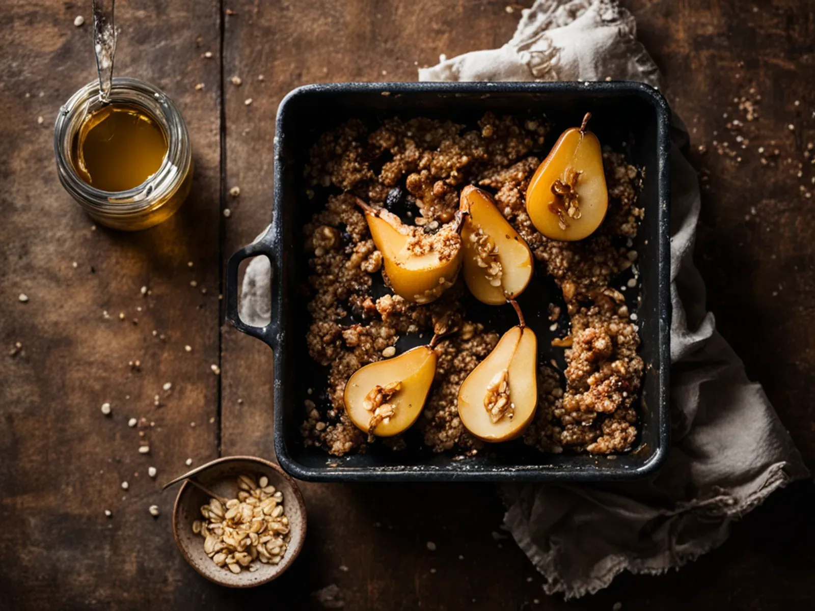 Tahini Cardamom Vegan Baked Pears with Maple Walnut Crumble — Vegan baked pears with cardamom and a crunchy maple walnut oat crumble, finished with a warm tahini drizzle. A cozy fa