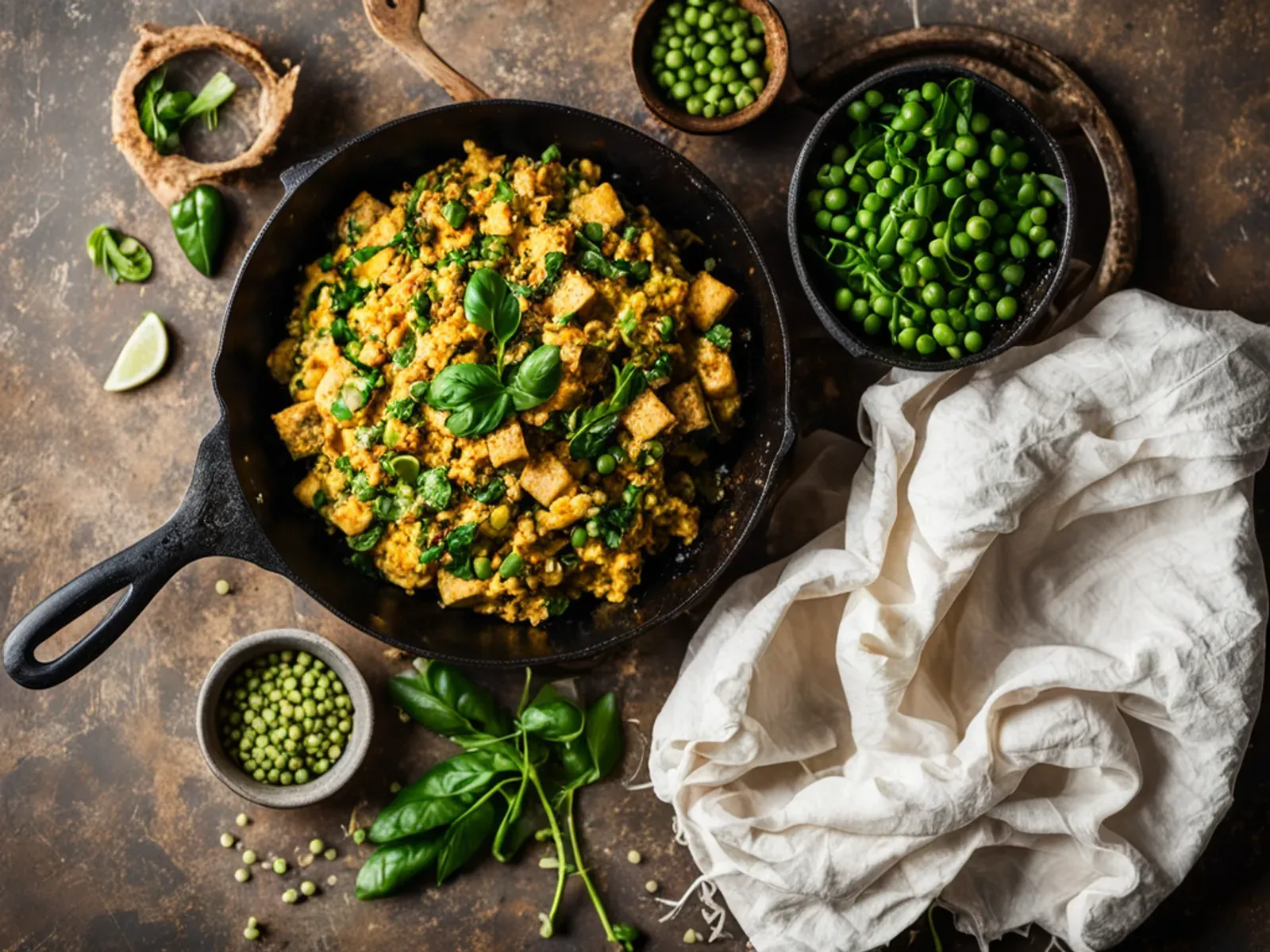 Tofu Bhurji (Indian Tofu Scramble) with Spinach and Green Peas — Spiced tofu bhurji with onion, tomato, spinach and sweet green peas, finished with kala namak for an eggy flavor. R