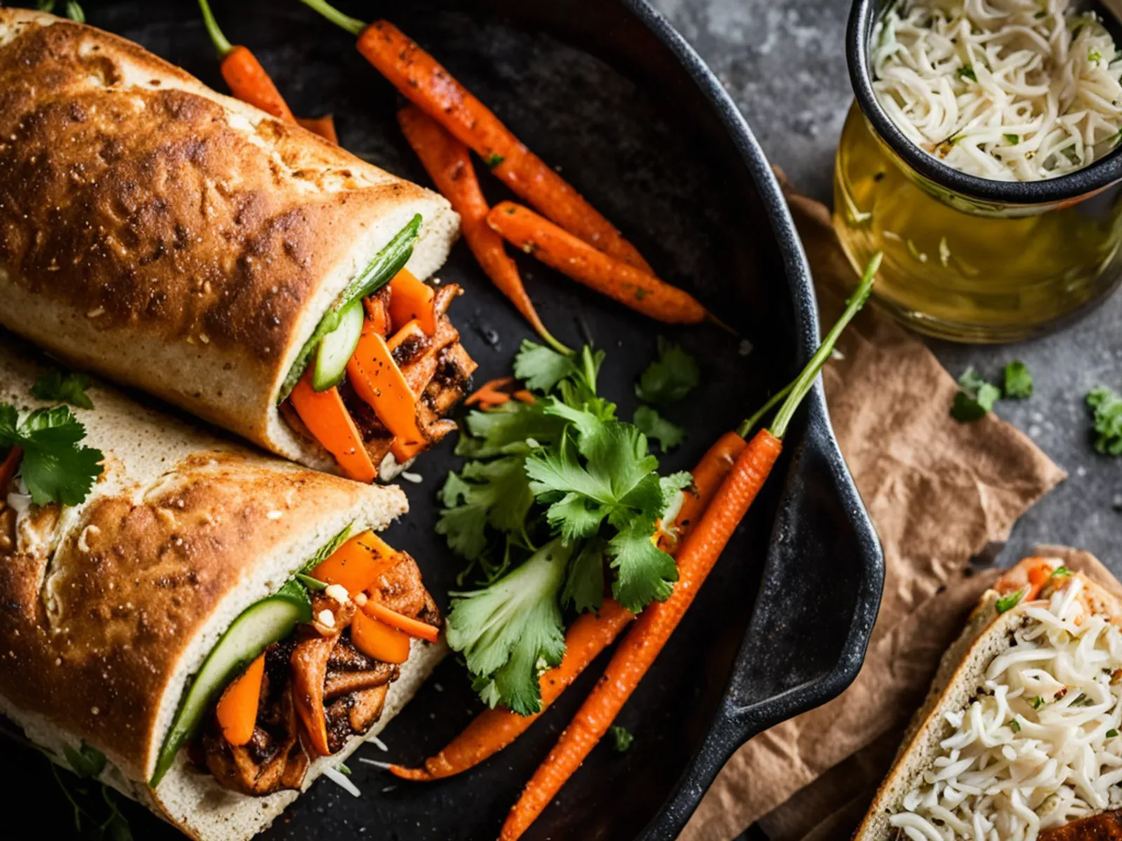 Vegan Banh Mi Sandwich with Crispy Five-Spice Tofu and Quick Pickled Carrots — A vegan banh mi on toasted sourdough with crispy five-spice tofu, quick pickled carrots, cucumber, ja