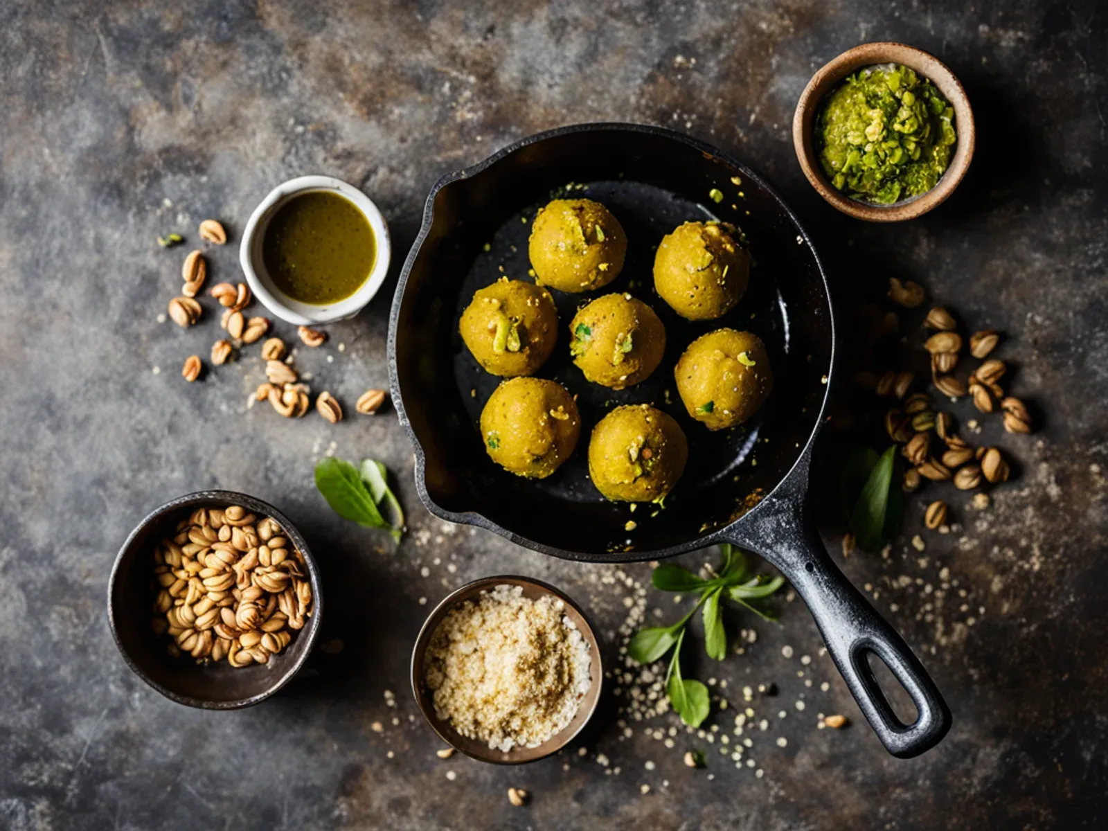Vegan Besan Ladoo with Coconut Oil, Cardamom and Pistachios — Vegan besan ladoo made with slow-roasted chickpea flour, coconut oil, cardamom, cashews and pistachios. A melt-in-your