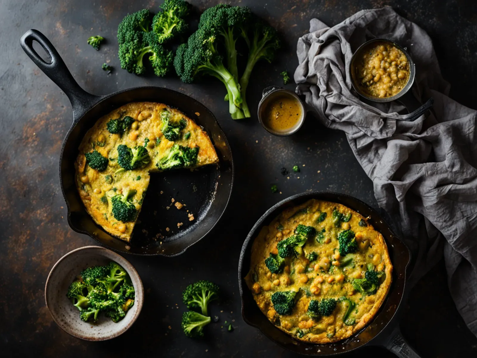 Vegan Chickpea Flour Frittata with Broccoli, Kale and Caramelized Onion — An egg-free chickpea flour frittata with broccoli, kale and sweet caramelized onion, seasoned with kala na