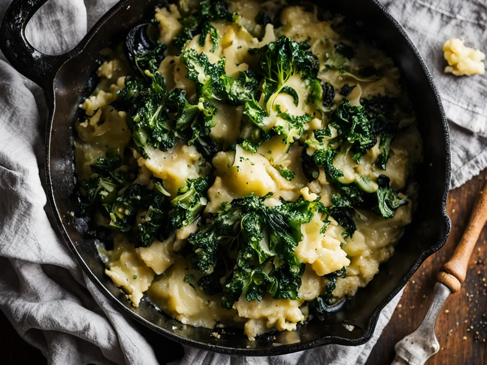 Vegan Colcannon with Kale, Cabbage and Garlicky Olive Oil Mash — Vegan colcannon made with fluffy Yukon Gold mash, garlic-infused olive oil and warm soy milk, then folded with gold