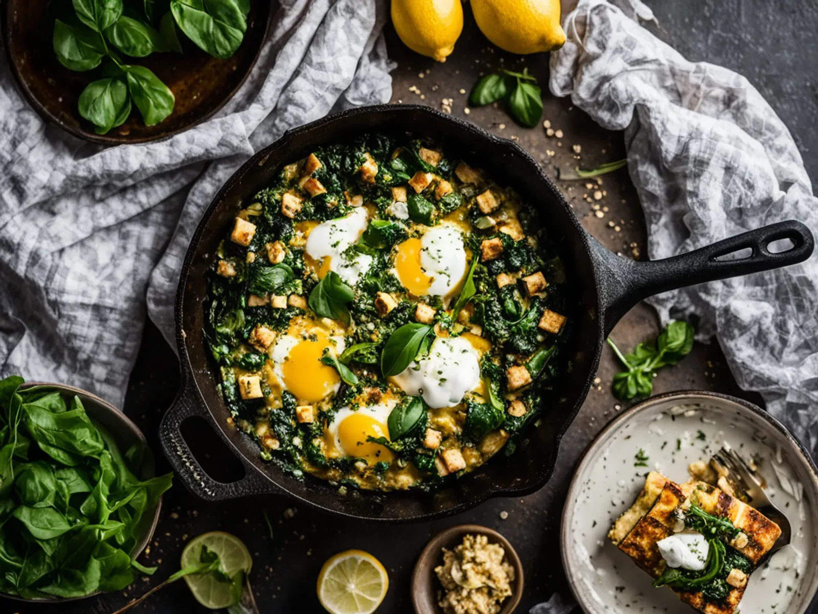 Vegan Green Shakshuka with Spinach, Zucchini and Herbed Tofu Feta — Vegan green shakshuka: seared golden tofu set in a cumin-spiced spinach, zucchini and jalapeño sauce, topped wit