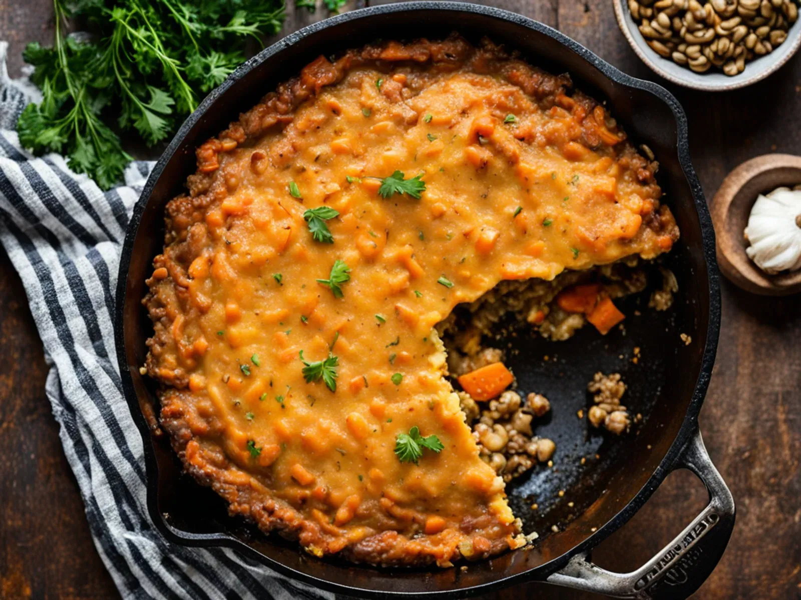 Vegan Lentil Shepherd's Pie with Garlicky Sweet Potato Mash — A hearty vegan lentil shepherd's pie: savory mushroom, carrot and pea filling under a fluffy garlic sweet potato mash.