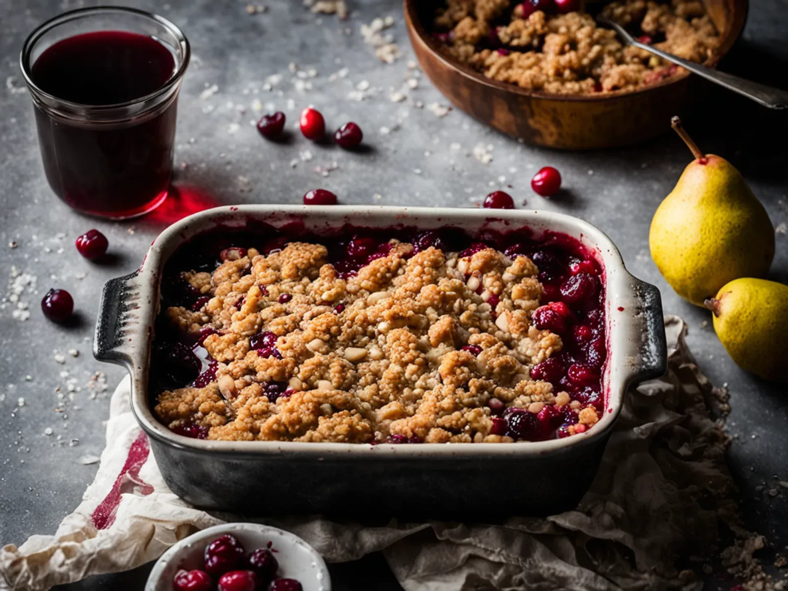 Vegan Pear Cranberry Crisp with Almond Oat Topping — Juicy cinnamon pears and tart dried cranberries baked under a crunchy almond oat topping sweetened with maple. Easy fall desser