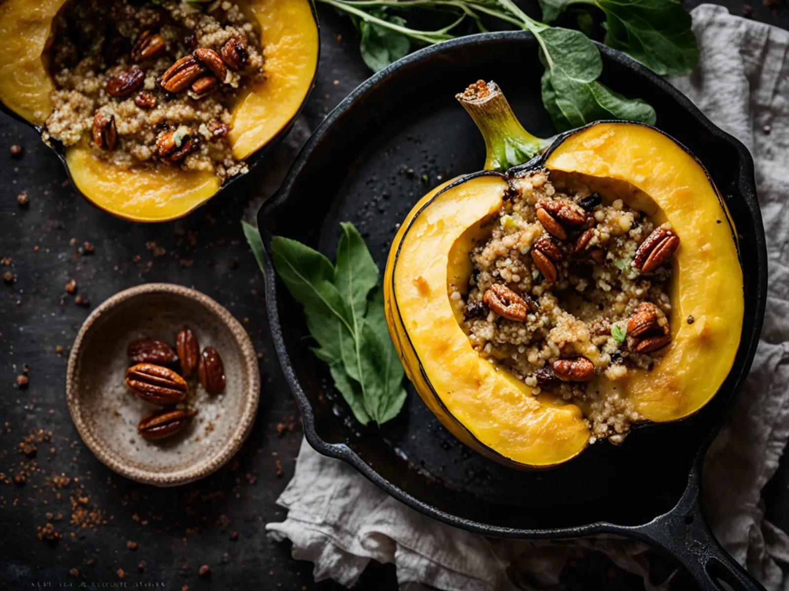 Quinoa Stuffed Acorn Squash with Apple, Sage and Toasted Pecans — Vegan stuffed acorn squash with quinoa, apple, sage and toasted pecans. Roast the halves cut-side down for caramel