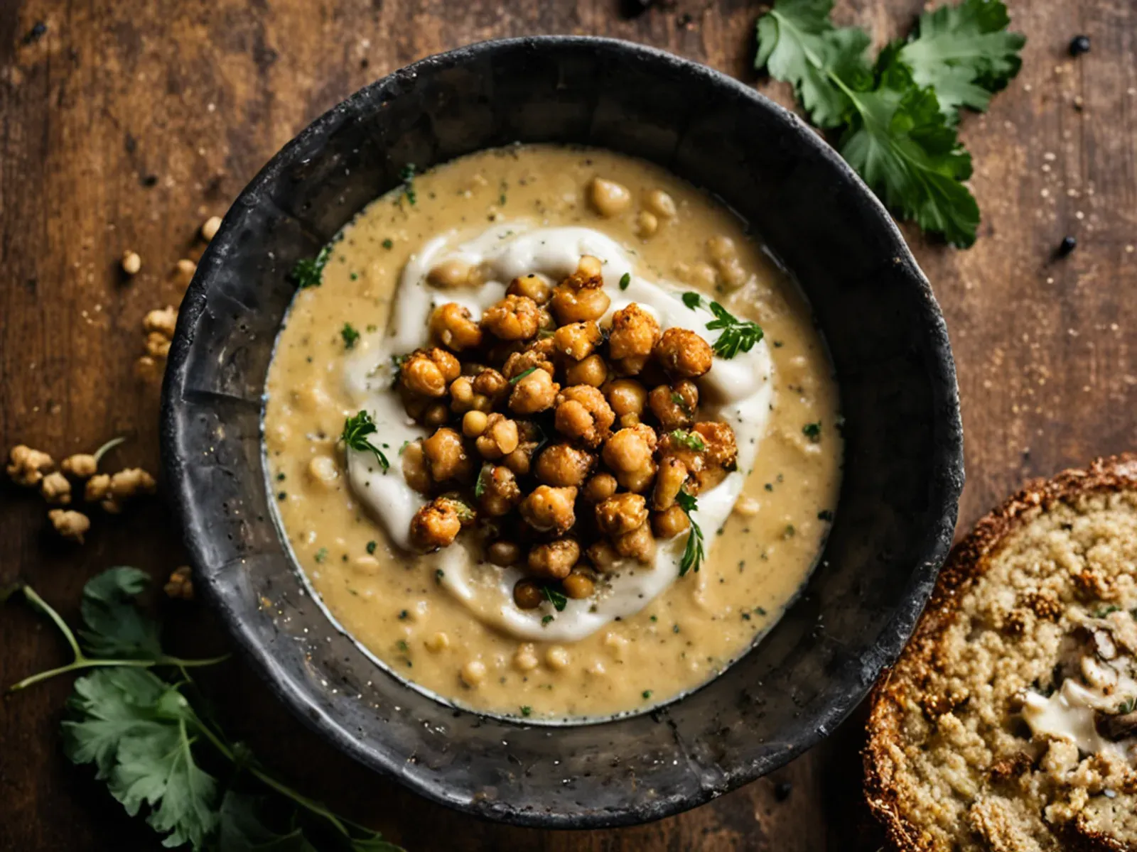 Vegan Roasted Cauliflower Soup with Roasted Garlic, Tahini and Smoky Crispy Chickpeas — A silky vegan roasted cauliflower soup blended with a whole head of sweet roasted garlic and