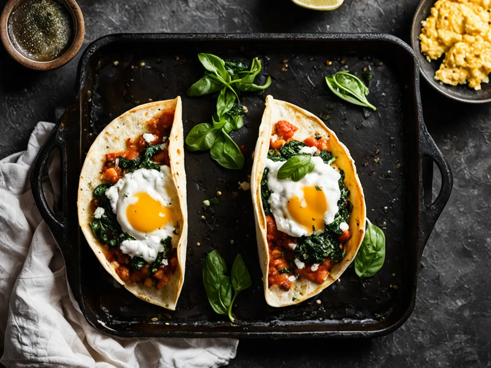 Vegetarian Cottage Cheese Breakfast Burritos with Spinach and Salsa — Creamy cottage cheese scrambled eggs, wilted spinach, black beans and salsa rolled into warm flour tortillas —