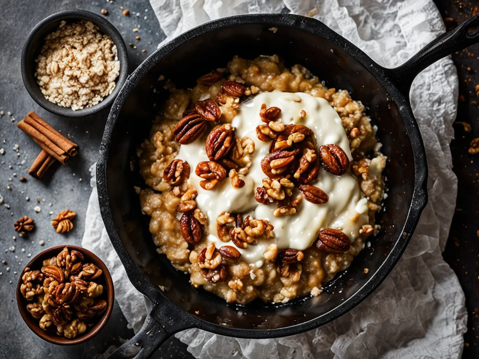 Warm Cinnamon Apple Cottage Cheese Bowl with Walnuts & Honey — A cottage cheese apple bowl topped with buttery cinnamon apples, a honey-toasted oat and walnut crumble, and a drizzl