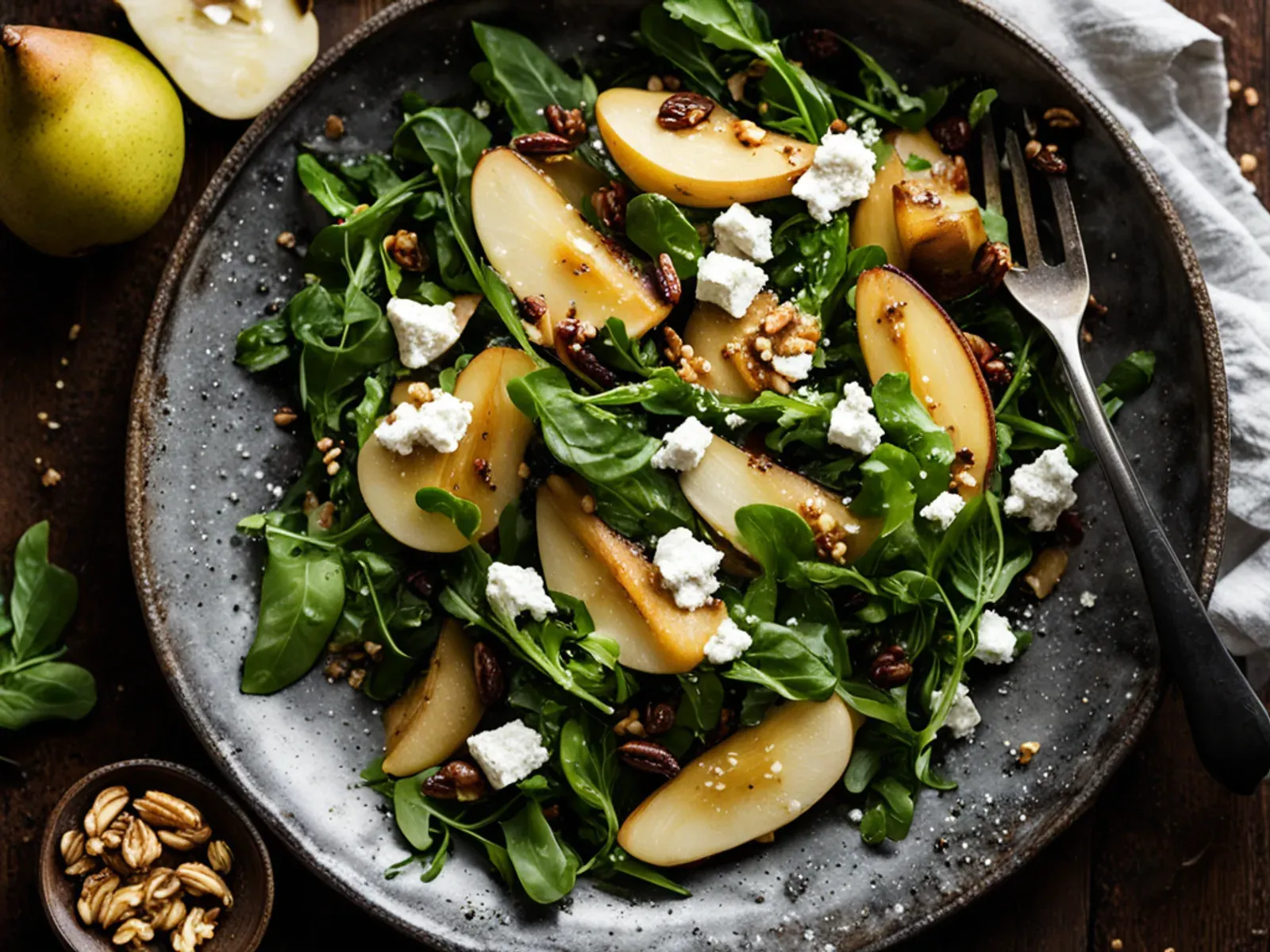 Warm Roasted Pear and Arugula Salad with Feta, Walnuts and Honey-Dijon Vinaigrette — A fall arugula pear salad with honey-roasted pear wedges, toasted walnuts, salty feta and pomeg